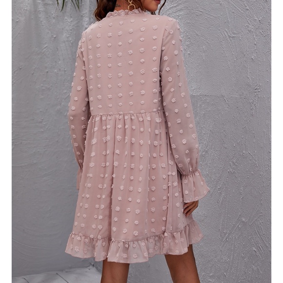 Pink Long Sleeve Swiss Dot Ruffle Loose Dress - Picture 2 of 12
